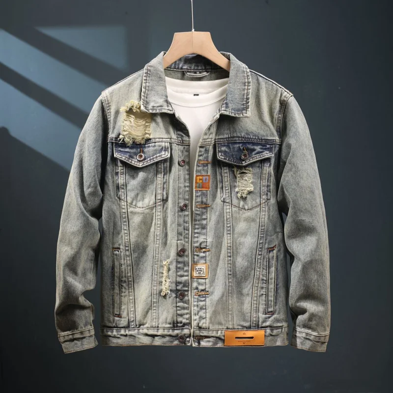 2024 Spring and Autumn New Retro Tattered Jeans Denim Coat Men's Street Fashion Nostalgic American Motorcycle Jacket