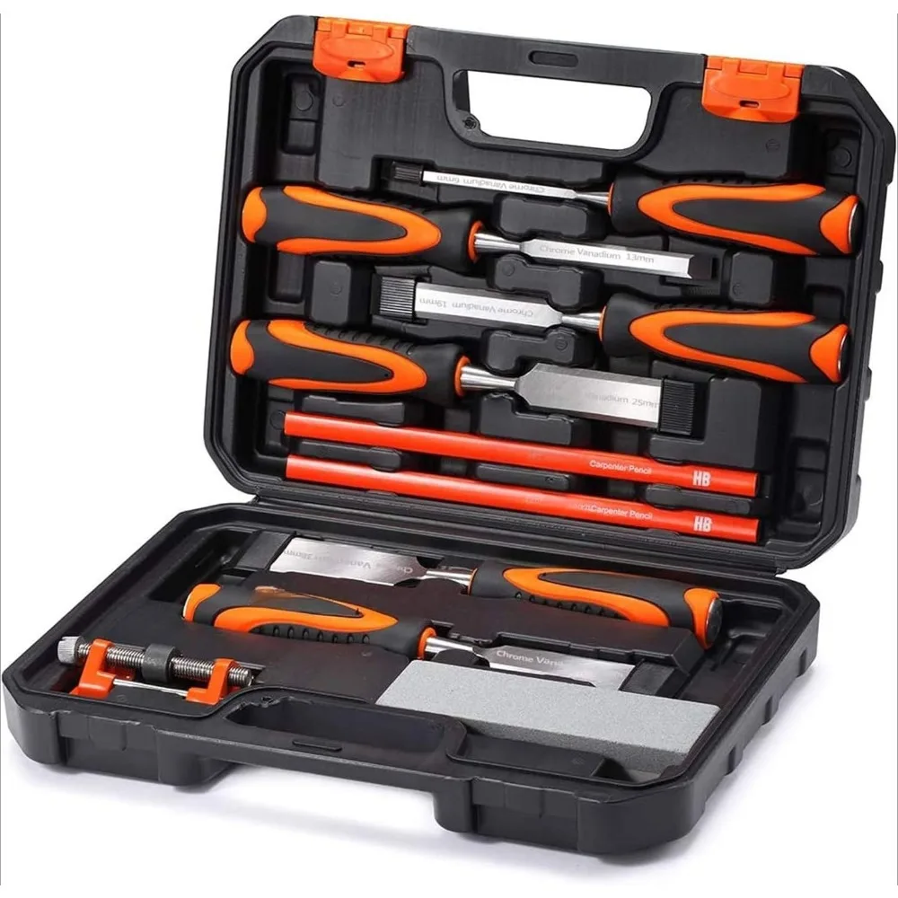 

10pcs Premium Wood Chisel Set, 6pcs Wood Chisel with 1 Honing Guide, 1 Sharpening Stone and 2 Carpenter Pencils, Heat-Treated