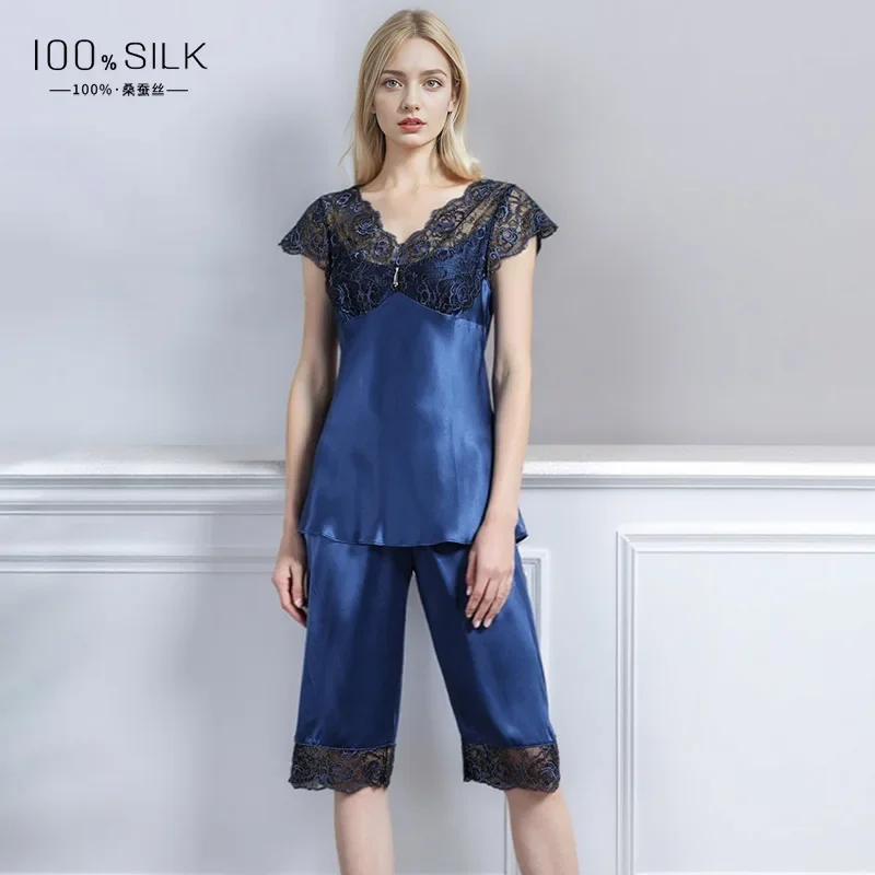 Sheer Lace 19MM Heavy Silk Women Short Pajamas Set Summer 100% Mulberry Silk Short Sleeve Tee Top and Pants 2 Piece Nightwear PJ