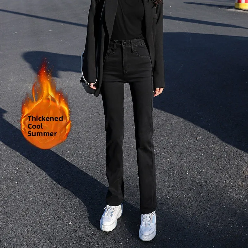 High Waist Fleece Lined Straight Leg Jeans Women's Winter Fashion Slimming Long Cigarette Pants High Waist Cotton 60% Denim
