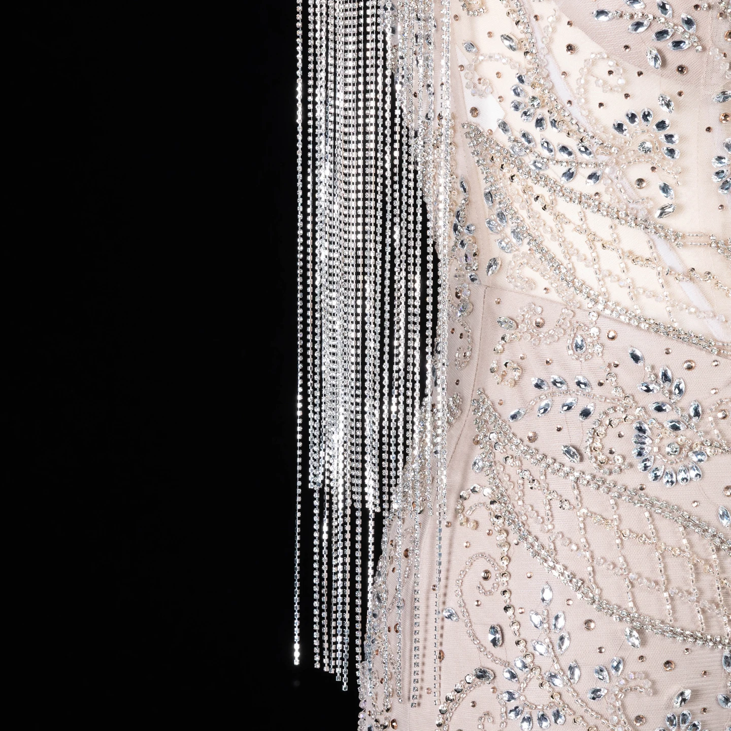 Sharon Said Luxuriöses Champagner-Abendkleid mit hohem Kragen, Spaghettiträgern, Quastenumhang, Meerjungfrauen-Schnitt, für formelle Anlässe, Partykleid SS182, maßgeschneidert – Detail 9