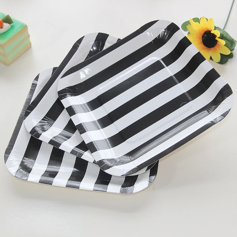 12pcs 7inch Candy Stripe Square Tray Paper Plates Disposable Party Tableware Set Supplies Children's Birthday Wedding Decor Dish