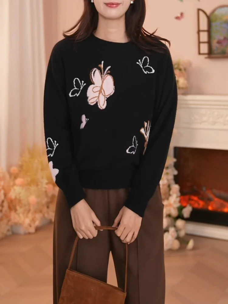 

Вязаный кардиган Ele Bla с вышивкой, элитный, с круглым вырезом, без застежки, осенний, новый, больших размеров