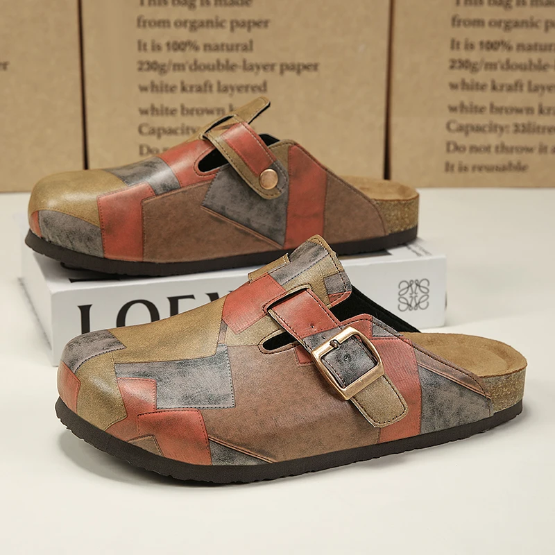 Unisex Cork Closed Toe Slippers Slip-on Clogs Slides Fashion Leather Sandals with Adjustable Buckle Backless Comfort Footbed
