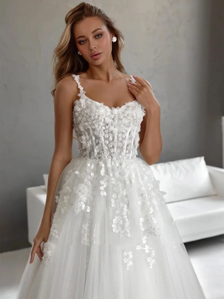 Vestido De Novia romántico De tul con perlas y flores, tirantes finos personalizados, cuello en V, línea A, Vestidos De Novia
