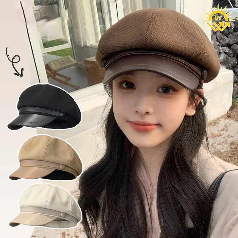 Vintage Newsboy Cap Women Daily Streetwear Street Snap Baker Boy Cap Spring Autumn Leather Brim Painter Hat Outdoor Travel Beret