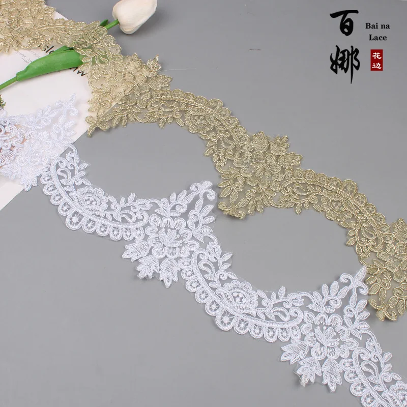 Delicate 1Yard 12cm wide Embroidery white Gold Fabric Flower Venise Venice Mesh Lace Trim Applique Sewing Craft for Wedding Dec.