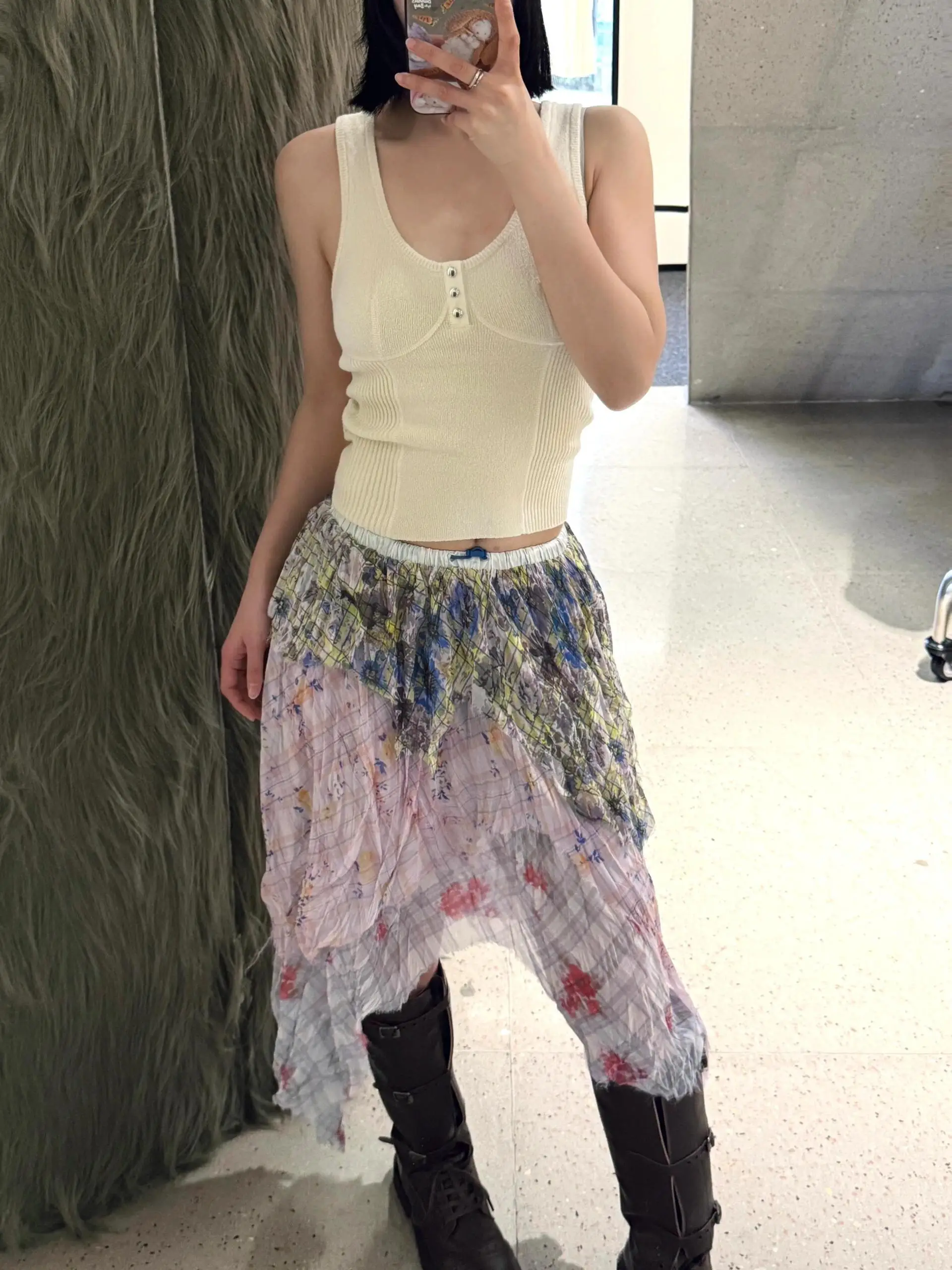 

American Style Floral Half Skirt Women's Spring Summer New Casual Layering Irregular Mid-Length Skirts High Waist A-Line