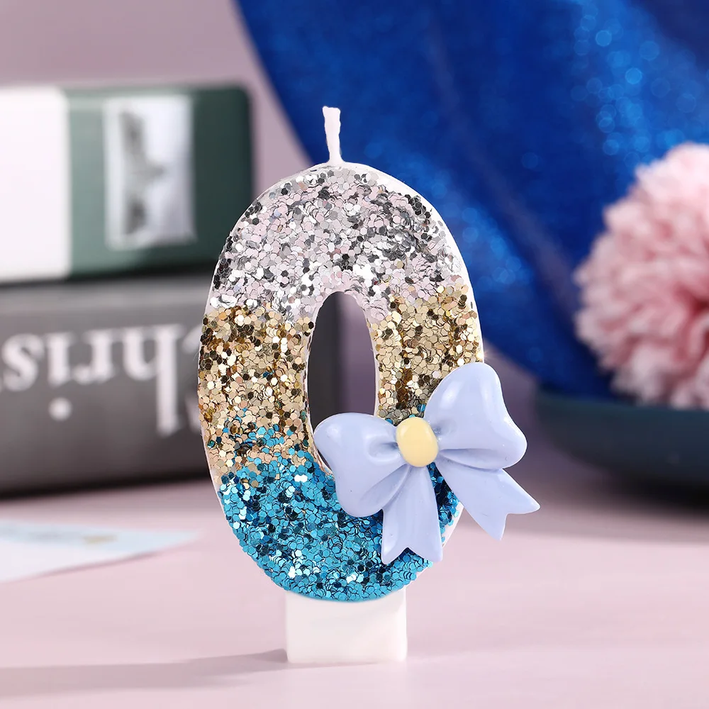Light blue bow-shaped number candles, silver-gold blue three-color candles, party gifts, birthday and anniversary candles