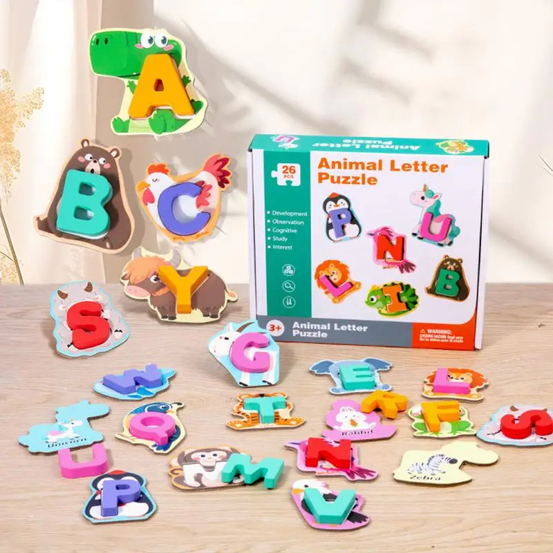 Alphabet Wooden Puzzles Montessori Wooden Letter Puzzle Educational Matching Toys For Fine Motor Skills Cartoon Sorting Set For