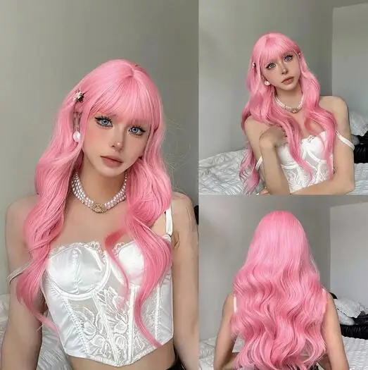 

Light Pink Synthetic Hair Wigs Long Wavy Natural Hair Wigs with Bangs for Women Cosplay Lolita Wig Heat Resistant