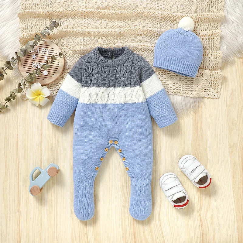 

Infant Baby Romper Set Knit Newborn Girl Boy Jumpsuit Outfits Long Sleeve Autumn Kid Clothes Hat Fashion Striped 0-9M Foot Wrap