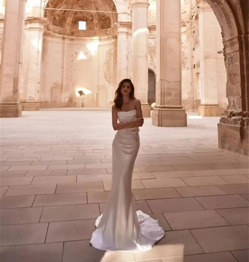 OTHRAY ง่ายซาตินชุดเดรสเมอร์เมดผู้หญิงที่ไม่มีสายหนังชุดเจ้าสาวยาวแขนกุดชุดเจ้าสาวกวาดรถไฟ Vestido ที่กําหนดเอง