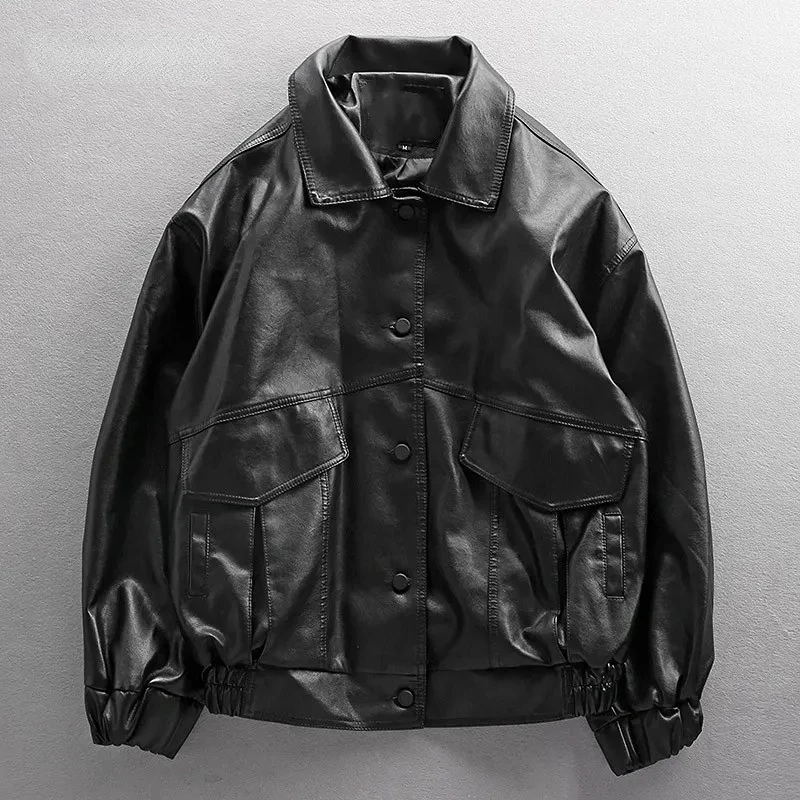 European American street PU leather jacket trend loose fitting motorcycle clothing leather coat for men women pilots couples