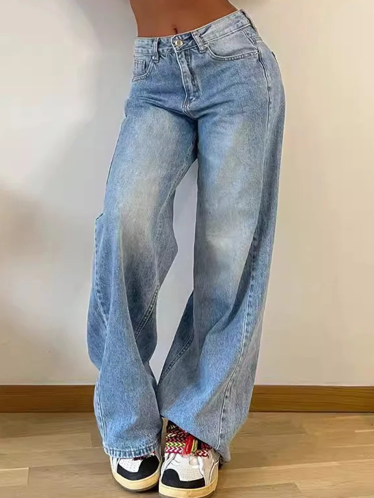 

BKQU 2026 Women's Wide Leg Baggy Jeans High Waist Straight Loose Denim Pants Russian women jeans