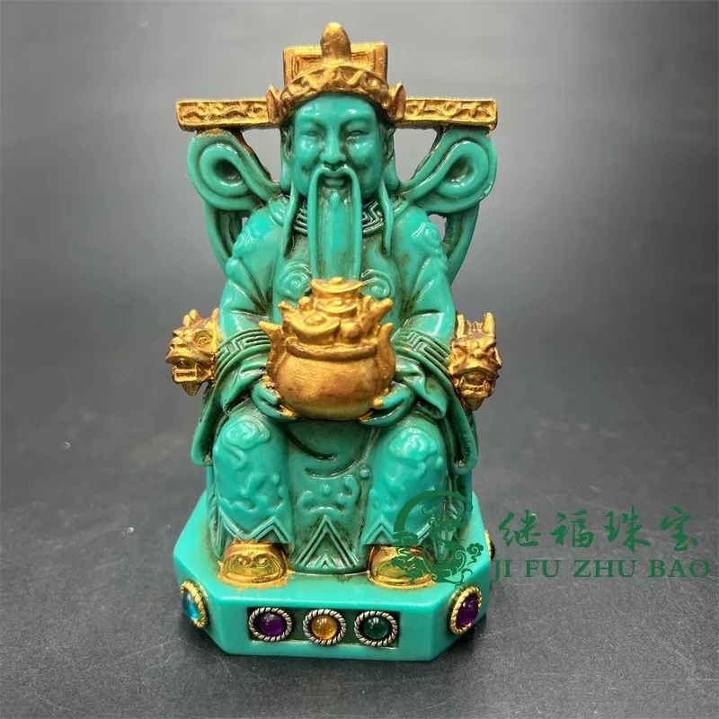 Antique miscellaneous antique pulp painted gilt imitation turquoise carving God of Wealth ornament retro inlaid gemstone crafts