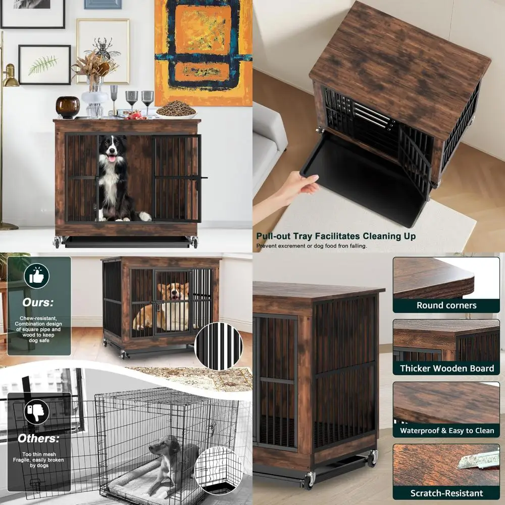 

Rustic Heavy Duty Dog Crate with Detachable Table Top, Pull-Out Tray, Wooden Indoor Kennel, 0.59 Tube Furniture, Rustic Style Pe
