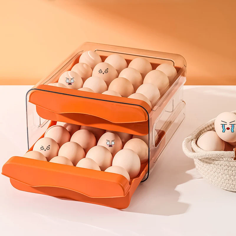 1pc Kitchen Double-layer Drawer-type Egg Storage Box Plastic Refrigerator Fresh-keeping Home Desktop Storage Egg Box