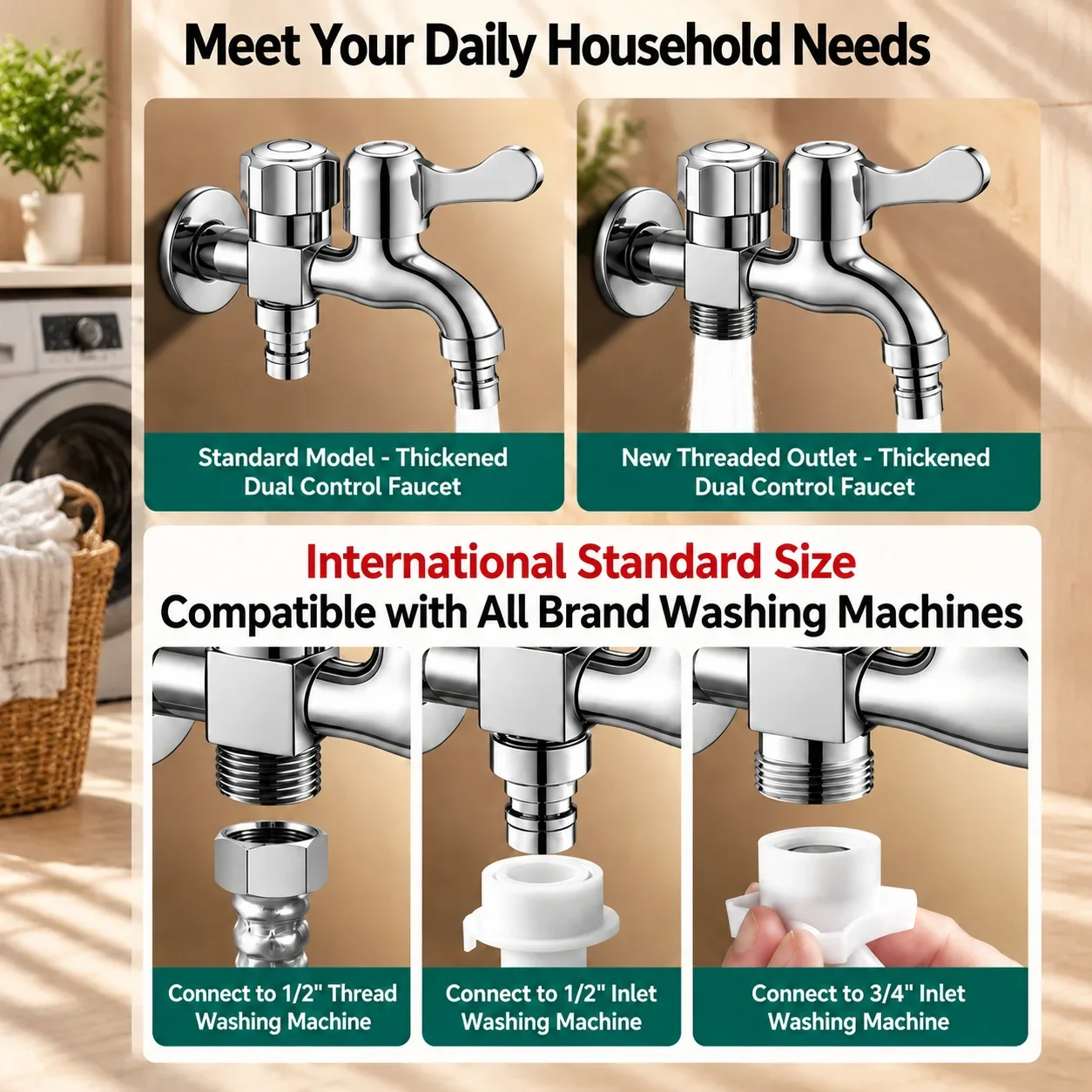 Stainless Steel Washing Machine Faucet G1/2 G 3/4 Dual Control Water Tap1 Inlet 2 Outlets valve Three Way Splitter for Bathroom