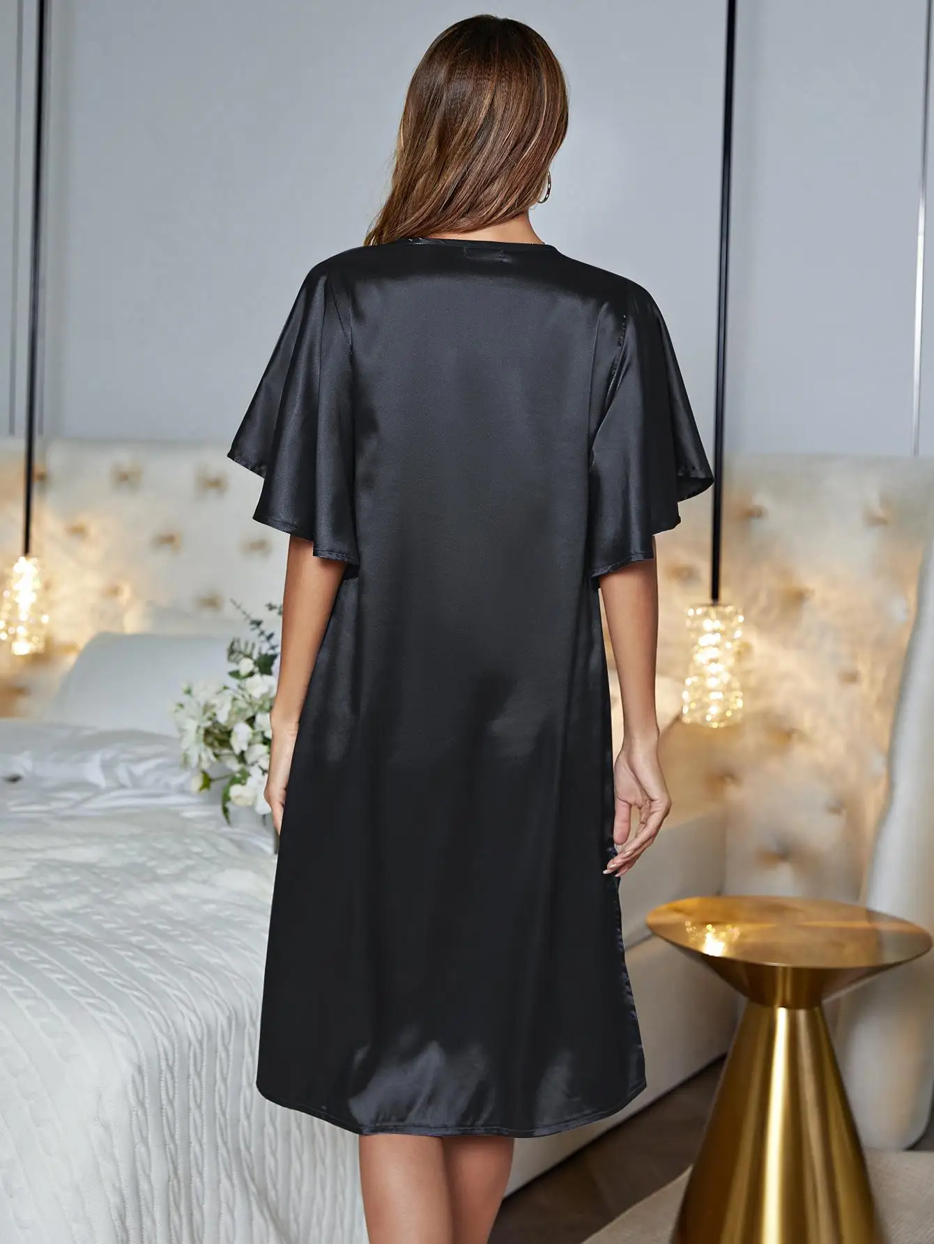 Silk Satin Side Split Women Nightgown Solid Sleepwear V Neck Homewear Summer Short Sleeve Nightwear Dress Pajamas Underwear