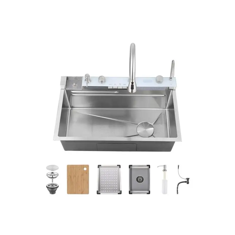 

Pull-Out Faucet Single Bowl Kitchen Vegetable Sink 304 Stainless Steel Waterfall Dish Sink Household Washing Basin Dark Gray