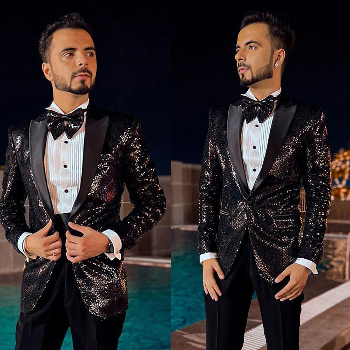 Smokings de mariage à paillettes noires pour hommes, veste à revers en satin pour hommes, bel homme, fête de Rh, tenue formelle, un blazer