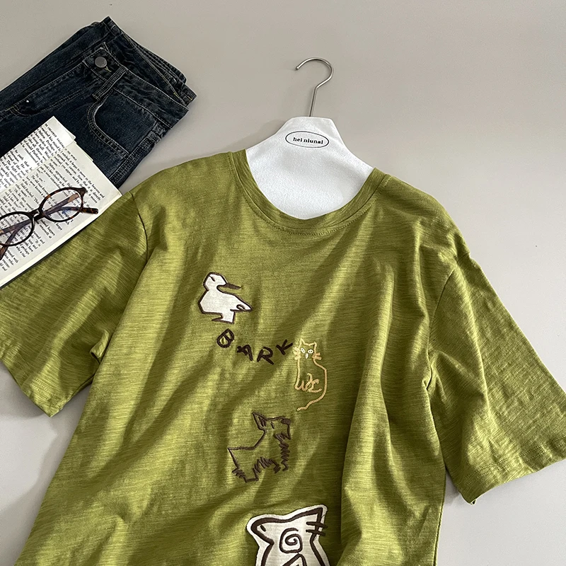 

Wedbleser Cartoon Embroidered Short Sleeved T-shirt 2025 Autumn New Round Neck Loose Fitting Pullover Fashionable Trend Top