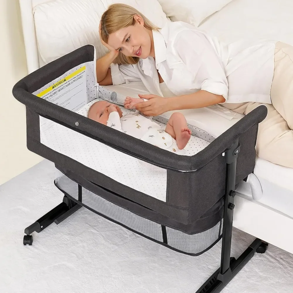 

Bassinet Bedside Sleeper with Wheels, Adjustable Height with Rocking Mode, Breathable Mesh, Storage Basket, 3 in 1 Bassinets