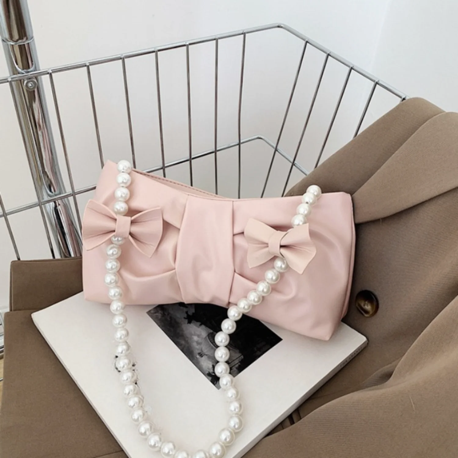 

Bowknot Design Handbag With Faux Pearl Strap, Small Shoulder Bag, Elegant Underarm Fashion Purse For Women Croc bag Traveling