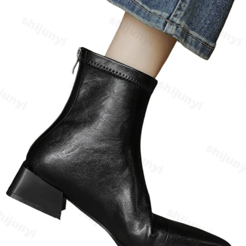 Women Pointed Short Boots 2025 Autumn Retro Korean Fashion Solid Colour Non-slip High Heels Thick Heel Comfort Ankle Boots - view 6