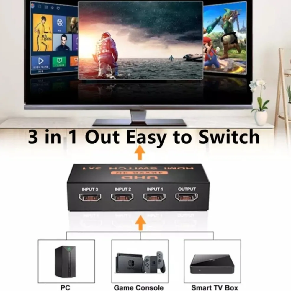 3x1 4K HDMI Switch 3 in 1 Out HDMI Switcher 3 Port Video KVM Switches for HDMI Box PC Monitor Projector Laptop DVD HDTV Xbox