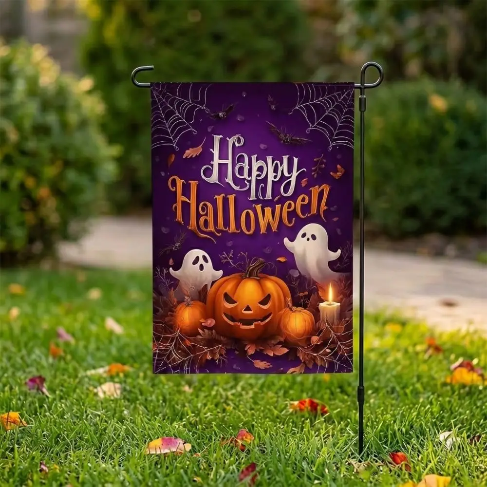 2D Flat Print Halloween Garden Flag Single Sided Haunted House Pumpkin Black Cat Cloth Spooky Polyester Holiday Garden Flag