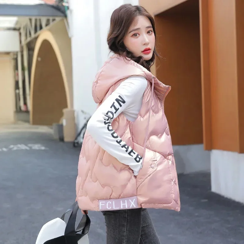 2024 Winter Newn Down Cotton Vest Women Autumn Sleeveless Hooded Coat Jacket Overcoat Quilted Padded Thick Puffer Vest Outwear