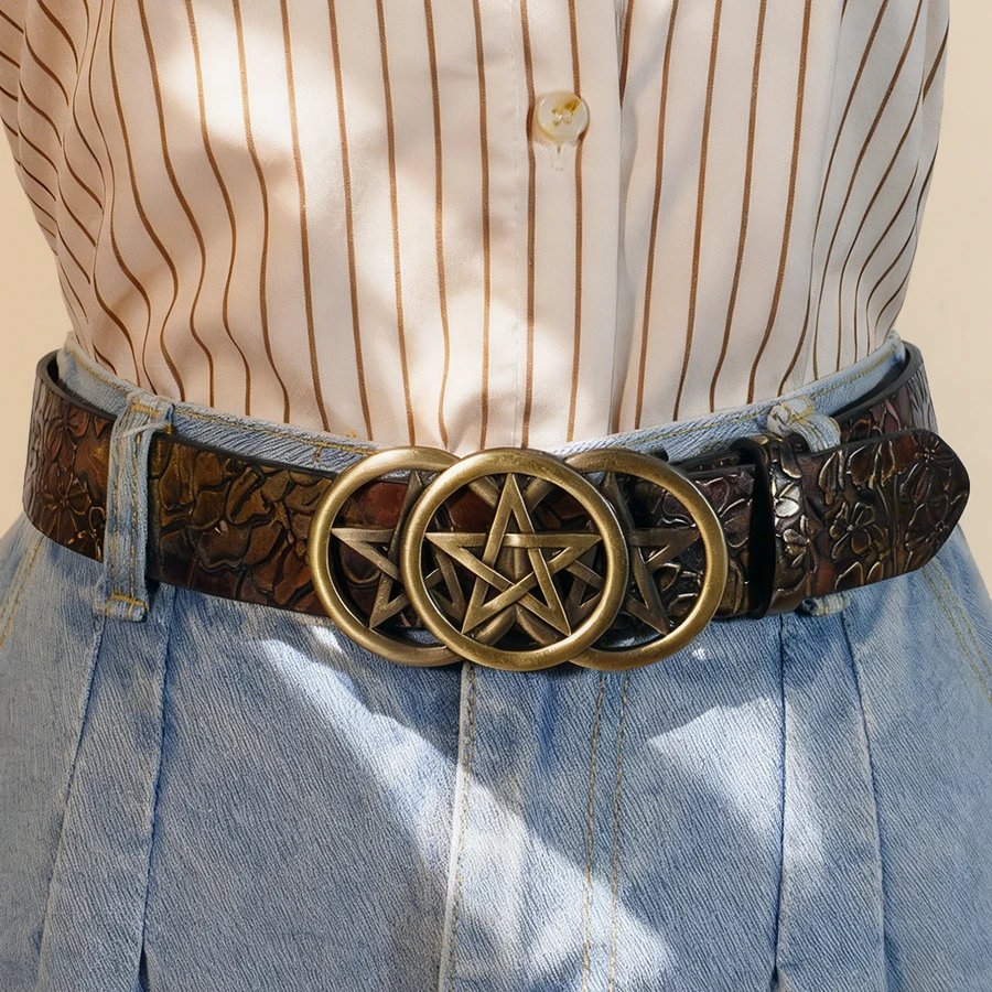 Gothic Pentagram Belt Women Vintage Metal Buckle Two-Tone Embossed Waist Cinch Fashion Accessory - view 6