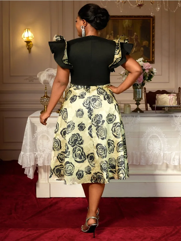 Floral Jacquard A Line Dresses with Flying Sleeves Color Block Perfect for Weddings Cocktail Parties or Elegant Dinner Events