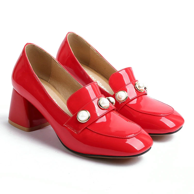 Patent Leather Red White Classic Woman Pumps Big Size 46 47 Mature Luxury Designer Women Loafers Chunky High Heels With Pearls