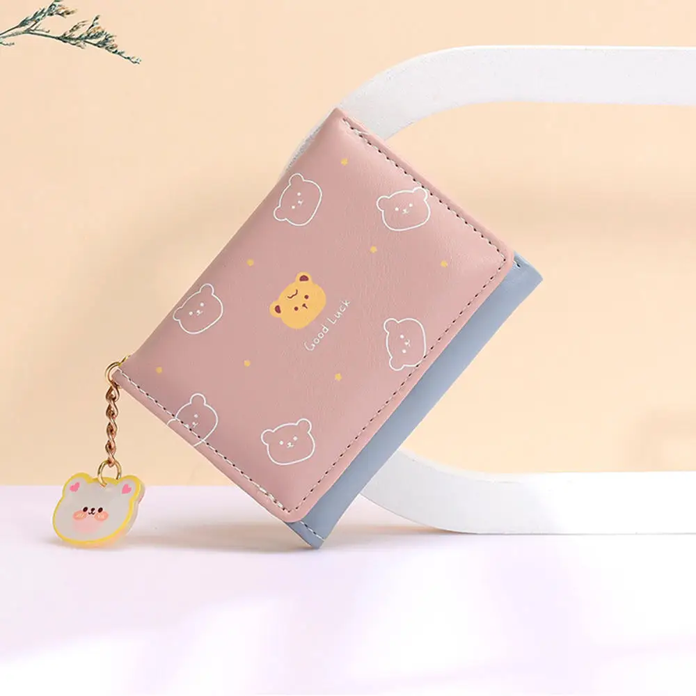 Bonito urso dos desenhos animados padrão PU carteira de couro para mulheres, curto três carteiras dobráveis, estudante pequeno Coin Purse, titular do cartão feminino, senhoras