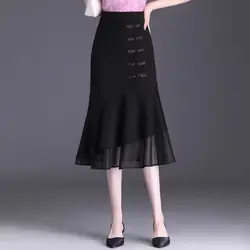 Irregular Skirts Autumn New Temperament Solid Color Elastic Waist Women Clothing A-line Skirt Ladies Chinese Style Buttons Skirt