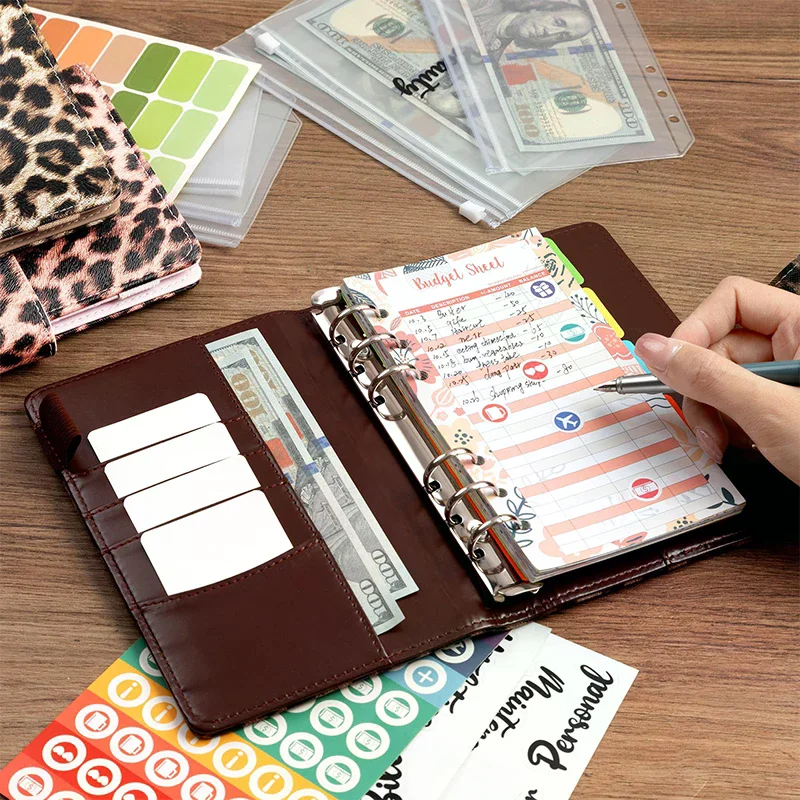 A6 PU Leather Budget Binder Notebook Cash Envelopes System Set,with Binder Pockets For Money Budget Saving Bill Organizer