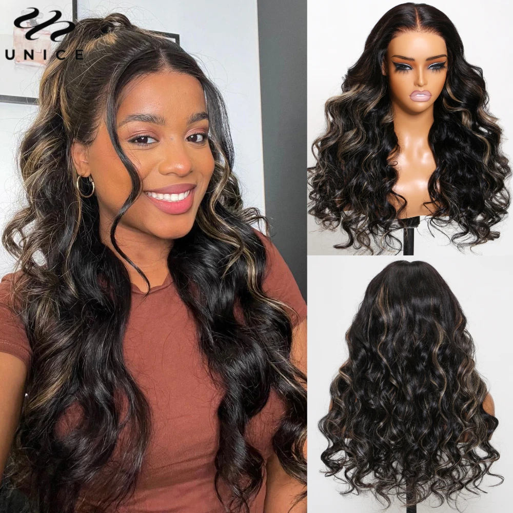 Unice Hair TN27 Blonde Highlight 13X4 Body Wave Human Hair Lace Frontal Wig Pre Cut Pre Bleached Pre Plucked Lace Front Wigs