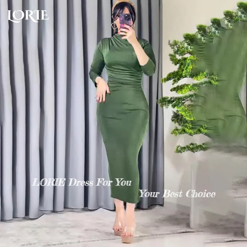 LORIE Green Formal Evening Dresses Eleagnt Cap Sleeves High Collar Bobycon A-Line Tea Length Prom Dress  For Wedding Party Gowns