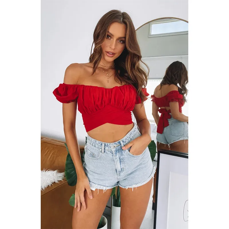 Sexy one line collar lantern short sleeved pleated women\'s top T-shirt summer pullover strapless fashion sweet top Y2K clothing