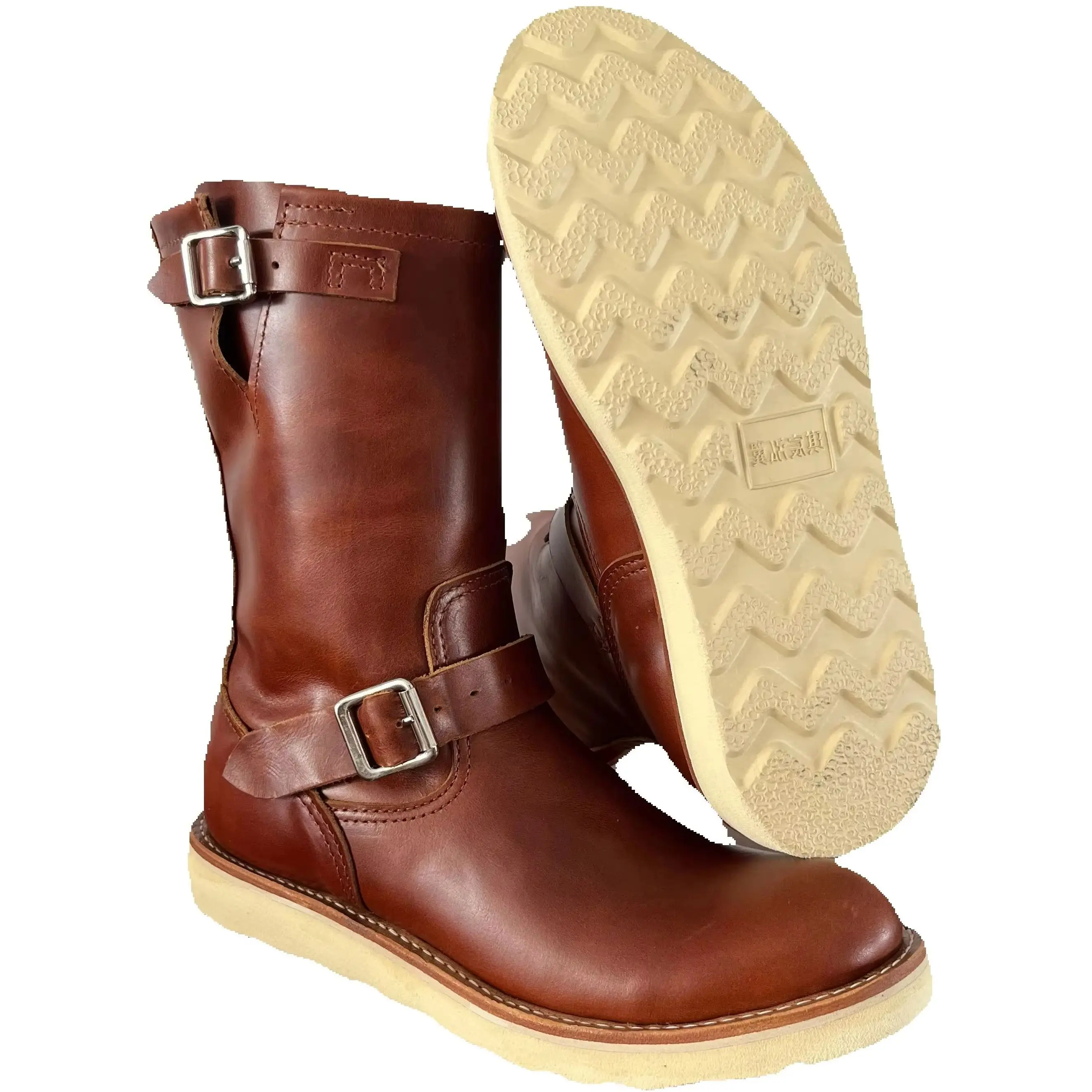 EB800 Men High‑Shaft Engineer Leather Boots Goodyear Welt Single Buckle Vintage Motorcycle Thick Sole Work Boots For Men