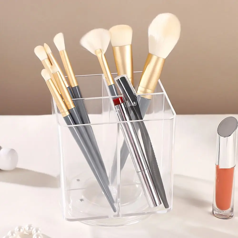 

360° Rotating Makeup Brush Holder Clear 4 Grids Spinning Cosmetic Container Large Opening Multi-Functional