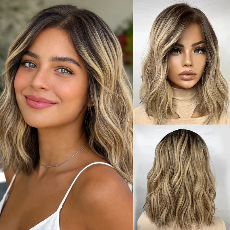 

Парик для вечеринок 13x4 с свободной частью, омбре, коричнево-блонд, синтетический, с прозрачным кружевом, короткий волнистый боб, имитация натуральных волос