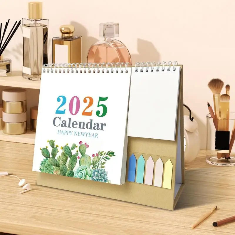 2025, englischer Tischkalender mit Taschen-Notizblock, Etiketten, Notizen, monatlicher Zeitplan, Planer, Desktop-Ringkalender mit losem Blatt, Ornamente