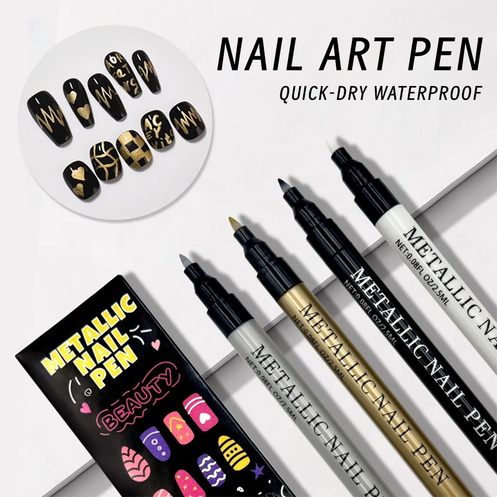 1 قطعة مسمار معدني الفن الكتابة على الجدران اللوحة القلم الذهب/الفضة/أبيض/أسود 4 اللون فرشاة الأظافر لرسم خط مسمار تصميم مانيكير أداة #1