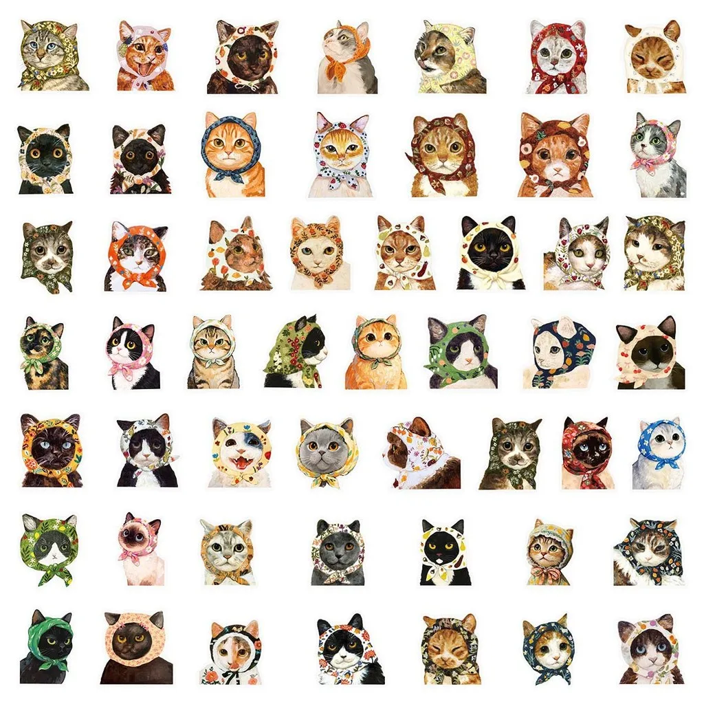 50Pcs Transparent Cute Cat Stickers Adorable Kitten with Headscarf Decals for Phone Case Notebook Golden Memory Stickers Store
