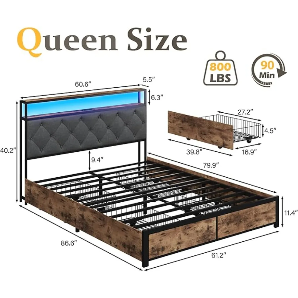 Bed Frame with 2-Tier Storage Fabric Upholstered Headboard, Metal Platform Bed with 4 Storage Drawers, Built-in Charging Station