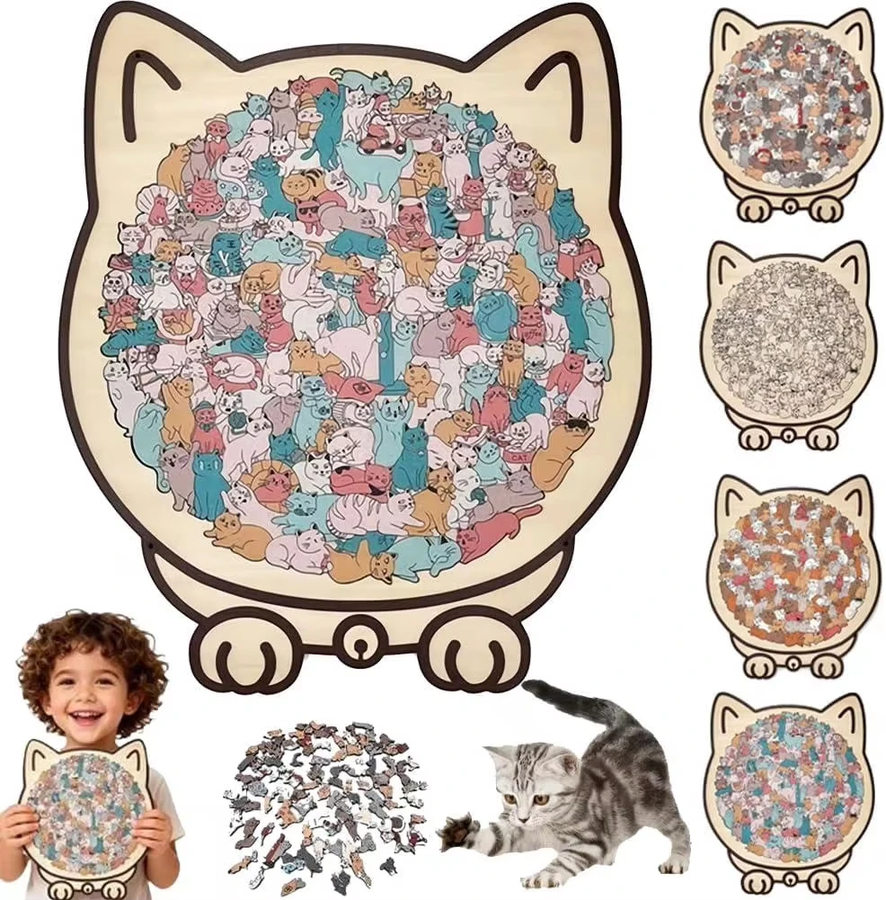 

135Pcs Unique Animal Shape Wooden Cat Puzzle Fun Educational Toy For Kids Adults Cat Lovers Home Decor Birthday Gift